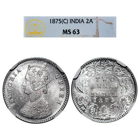 Victoria Queen, Silver, 2 Annas, 1875, Calcutta Mint, A/I, No mint mark. GK 742. NGC Slabb