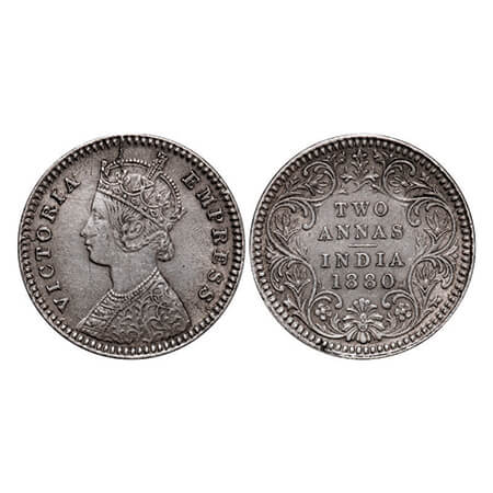 Victoria Empress, Silver, 2 Annas, 1880, Calcutta Mint, B/II, 'C' incused, Die crack on Ob