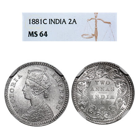 Victoria Empress, Silver, 2 Annas, 1881, Calcutta Mint, B/II, 'C' incused, Die cracks on O