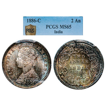 Victoria Empress, Silver, 2 Annas, 1886, Calcutta Mint, B/II, 'C' incused. GK 782. PCGS Sl