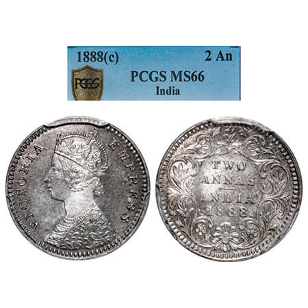 Victoria Empress, Silver, 2 Annas, 1888, Calcutta Mint, B/II, No mint mark, No C. GK 786. 