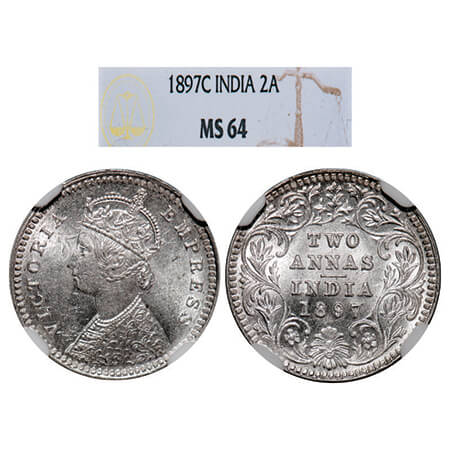 Victoria Empress, Silver, 2 Annas, 1897, Calcutta Mint, B/II, 'C' incused. GK 807. NGC Sla