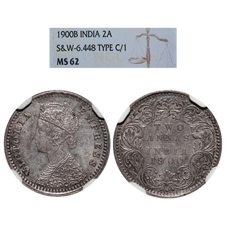 Victoria Empress, Silver, 2 Annas, 1900, Bombay Mint, B/I, 'B' raised, (Mentioned on slab 
