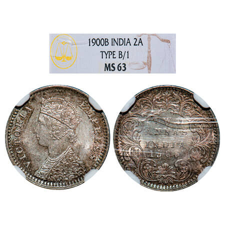 Victoria Empress, Silver, 2 Annas, 1900, Bombay Mint, B/I, 'B' raised. GK 812. NGC Slabbed
