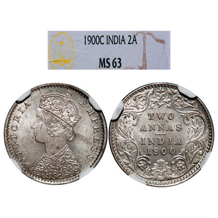 Victoria Empress, Silver, 2 Annas, 1900, Calcutta Mint, B/II, 'C' incused. GK 814. NGC Sla