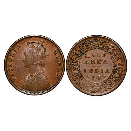 Victoria Queen, Copper, Half Anna, 1862, Madras Mint, A/I. GK 390. Very Fine+. Scarce.