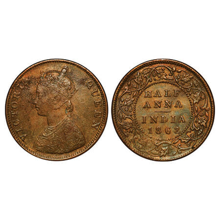 Victoria Queen, Copper, Half Anna, 1862, Bombay Mint, A/I(i), Flowers with Five dots aroun