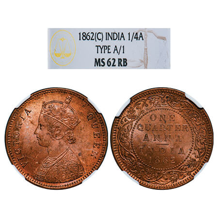 Victoria Queen, Copper, Quarter Anna, 1862, Calcutta Mint, A/I, No mint mark, No privy mar