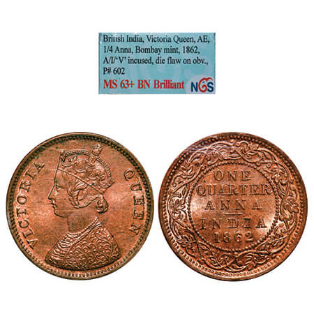 Victoria Queen, Copper, Quarter Anna, 1862, Bombay Mint, A/I, No mint mark, Tiny 'V' incus
