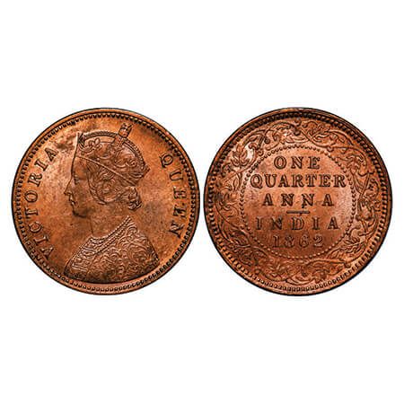 Victoria Queen, Copper, Quarter Anna, 1862, Madras Mint, A/I, No mint mark, No privy mark,