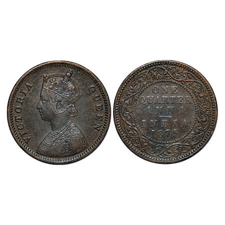 Victoria Queen, Copper, Quarter Anna, 1875, Bombay Mint, A/I. GK 824, F. Prid 635. Very Fi