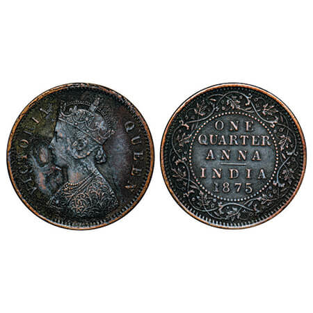 Victoria Queen, Copper, Quarter Anna, 1875, Calcutta Mint, B/II, No mint mark. GK 825, F. 