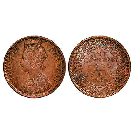 Victoria Empress, Copper, Quarter Anna, 1880, Calcutta Mint, B/II, 'C' incused. GK 833, F.