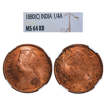 Victoria Empress, Copper, Quarter Anna, 1880, Calcutta Mint, B/II, 'C' incused. GK 833, F.