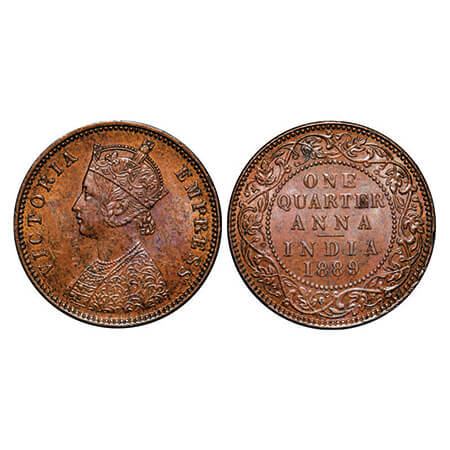 Victoria Empress, Copper, Quarter Anna, 1889, Bombay Mint, B/I, No mint mark, Die cracks o