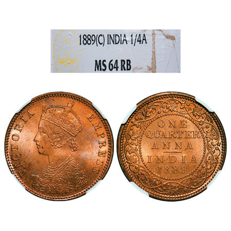 Victoria Empress, Copper, Quarter Anna, 1889, Calcutta Mint, B/II, No mint mark. GK 848, F