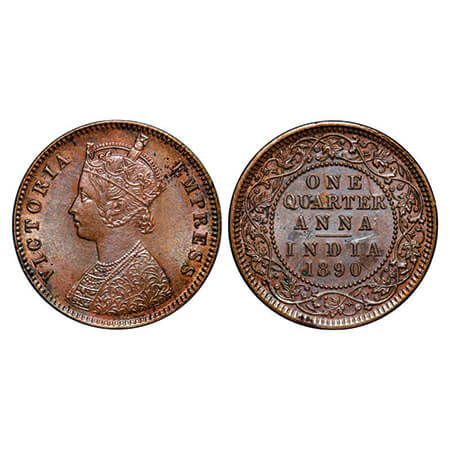 Victoria Empress, Copper, Quarter Anna, 1890, Calcutta Mint, B/II, No mint mark, Full skul