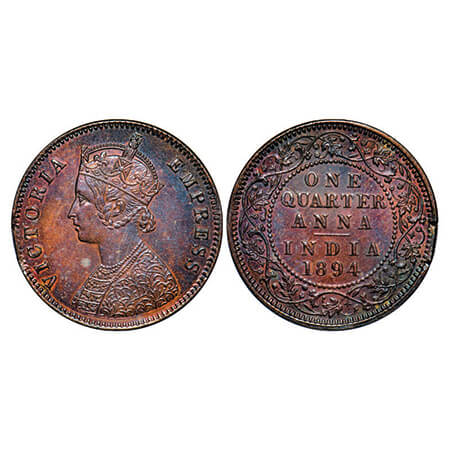Victoria Empress, Copper, Quarter Anna, 1894, Calcutta Mint, B/II, No mint mark, Planchet 