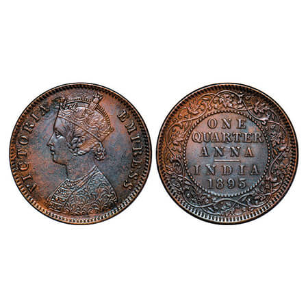 Victoria Empress, Copper, Quarter Anna, 1895, Calcutta Mint, B/II, No mint mark. GK 854, F