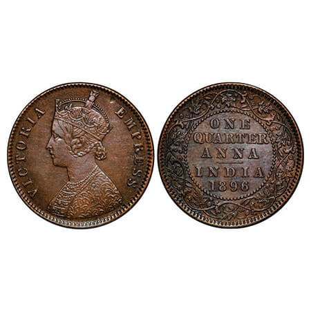 Victoria Empress, Copper, Quarter Anna, 1896, Calcutta Mint, B/II, No mint mark. GK 855, F
