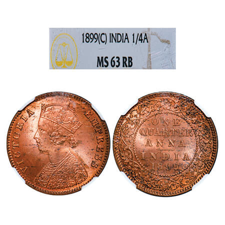 Victoria Empress, Copper, Quarter Anna, 1899, Calcutta Mint, B/II, No mint mark. GK 858, F