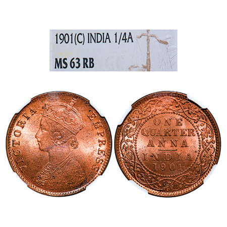 Victoria Empress, Copper, Quarter Anna, 1901, Calcutta Mint, B/II, No mint mark. GK 860, F