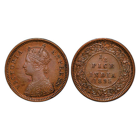 Victoria Empress, Copper, 1/2 Pice, 1895, Calcutta Mint, A/I, No mint mark, Ghost on Rev. 