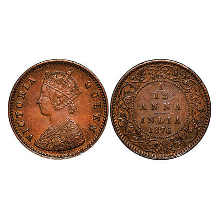Victoria Queen, Copper, 1/12 Anna, 1876, Calcutta Mint, Obv A, Noa mint mark, Die cracks o
