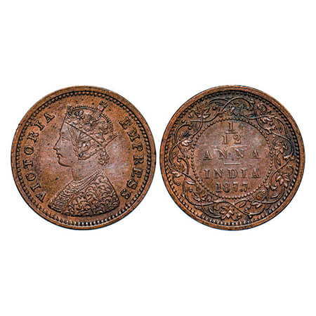 Victoria Empress, Copper, 1/12 Anna, 1877, Bombay Mint, Obv A, No mint mark. GK 889, F. Pr
