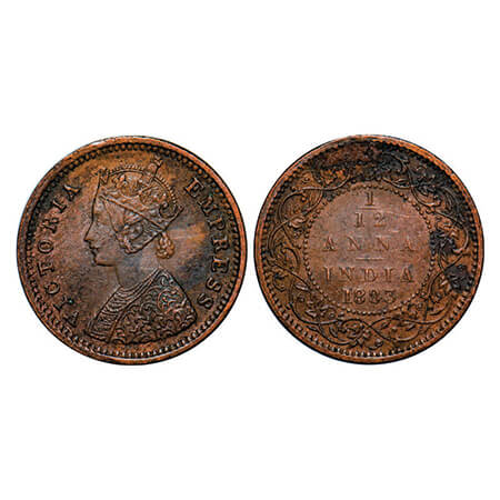 Victoria Empress, Copper, 1/12 Anna, 1883, Bombay Mint, Obv A, No mint mark, Planchet flaw
