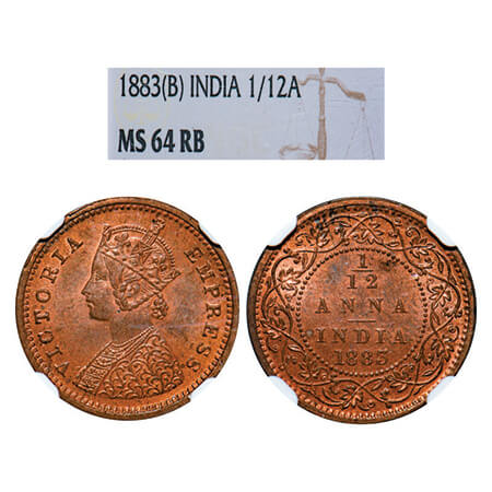 Victoria Empress, Copper, 1/12 Anna, 1883, Bombay Mint, Obv A, No mint mark. GK 895, F. Pr
