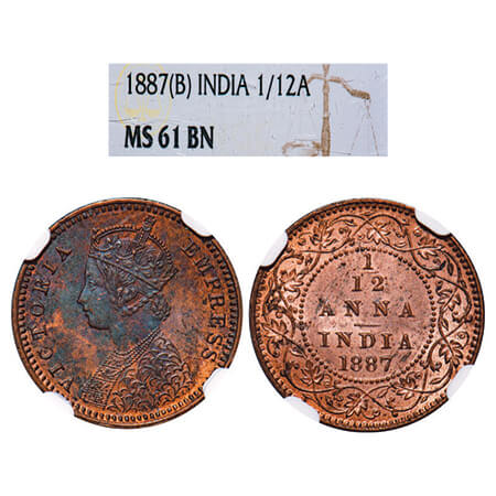 Victoria Empress, Copper, 1/12 Anna, 1887, Bombay Mint, Obv A, No mint mark. GK 904, F. Pr