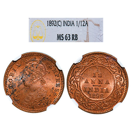 Victoria Empress, Copper, 1/12 Anna, 1892, Calcutta Mint, Obv B, No mint mark. GK 913, F. 