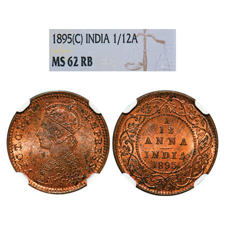 Victoria Empress, Copper, 1/12 Anna, 1895, Calcutta Mint, Obv B, No mint mark. GK 916. NGC