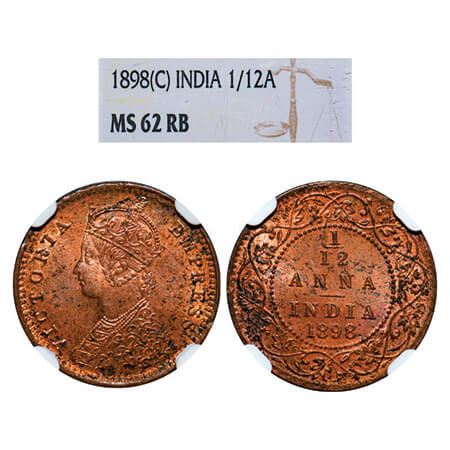 Victoria Empress, Copper, 1/12 Anna, 1898, Calcutta Mint, Obv B, No mint mark. GK 919, F. 