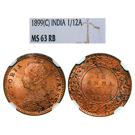 Victoria Empress, Copper, 1/12 Anna, 1899, Calcutta Mint, Obv B, No mint mark. GK 920, F. 