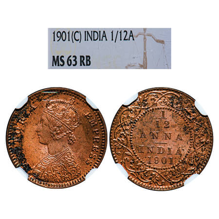 Victoria Empress, Copper, 1/12 Anna, 1901, Calcutta Mint, Obv B, No mint mark. GK 921, F. 