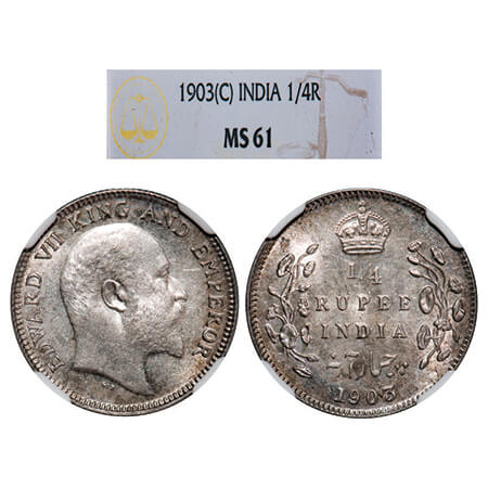 Edward VII, Silver, 1/4 Rupee, 1903, Calcutta Mint, No mint mark. GK 972, F. Prid 432. NGC