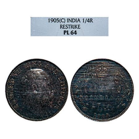 Edward VII, Silver, 1/4 Rupee, 1905, Calcutta Mint. NGC Slabbed PL 64, Re strike. Very Rar