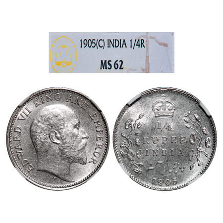 Edward VII, Silver, 1/4 Rupee, 1905, Calcutta Mint, No mint mark. GK 974, F. Prid 434. NGC