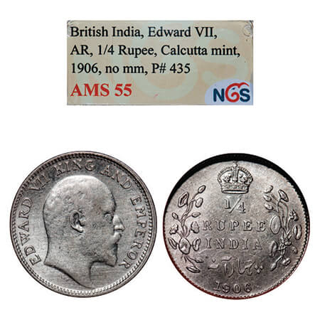 Edward VII, Silver, 1/4 Rupee, 1906, Calcutta Mint, No mint mark. GK 975, F. Prid 435. NGS