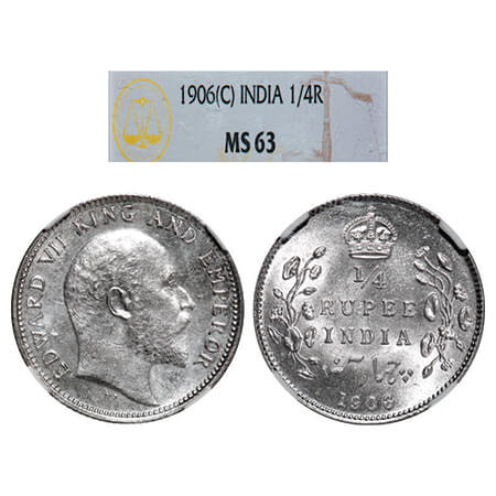 Edward VII, Silver, 1/4 Rupee, 1906, Calcutta Mint, No mint mark. GK 975, F. Prid 435. NGC