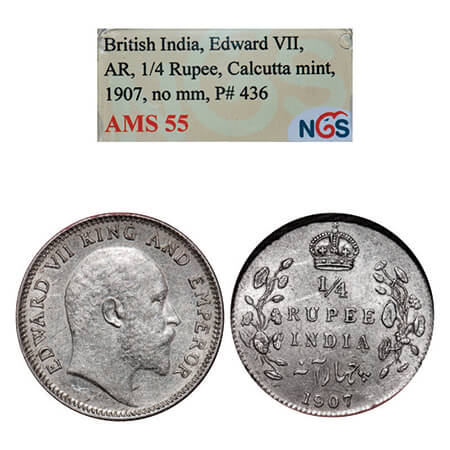 Edward VII, Silver, 1/4 Rupee, 1907, Calcutta Mint, No mint mark. GK 976, F. Prid 436. NGS