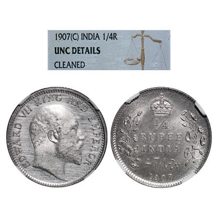 Edward VII, Silver, 1/4 Rupee, 1907, Calcutta Mint, No mint mark. GK 976, F. Prid 436. NGC