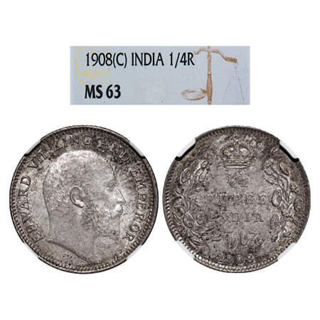 Edward VII, Silver, 1/4 Rupee, 1908, Calcutta Mint, No mint mark. GK 977, F. Prid 437. NGC