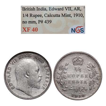Edward VII, Silver, 1/4 Rupee, 1910, Calcutta Mint, No mint mark. GK 978, F. Prid 439. NGS