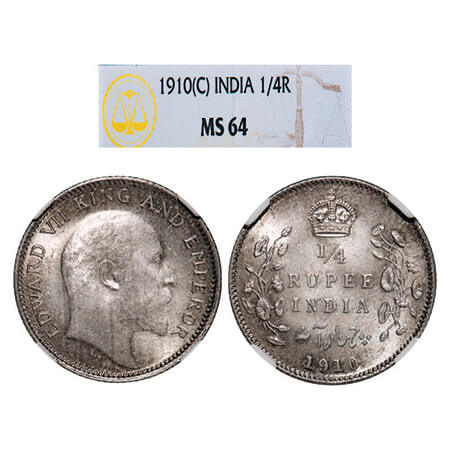 Edward VII, Silver, 1/4 Rupee, 1910, Calcutta Mint, No mint mark. GK 978, F. Prid 439. NGC