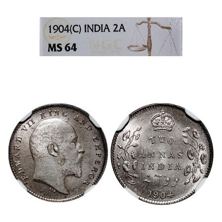 Edward VII, Silver, 2 Annas, 1904, Calcutta Mint, No mint mark. GK 981, F. Prid 557. NGC S