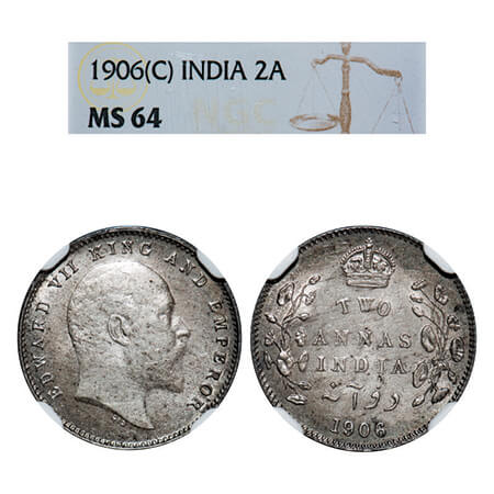 Edward VII, Silver, 2 Annas, 1906, Calcutta Mint, No mint mark. GK 983, F. Prid 559. NGC S