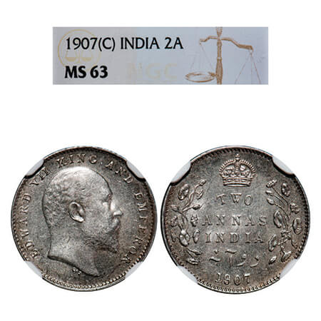 Edward VII, Silver, 2 Annas, 1907, Calcutta Mint, No mint mark. GK 984, F. Prid 560. NGC S
